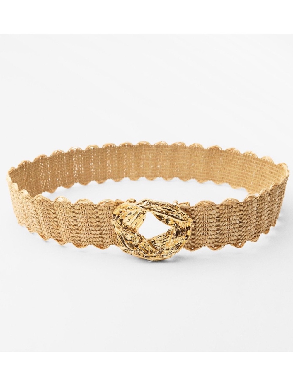 Zara NWT Metallic Gold Woven stretch Waist Belt Textured Round Buckle -size 30